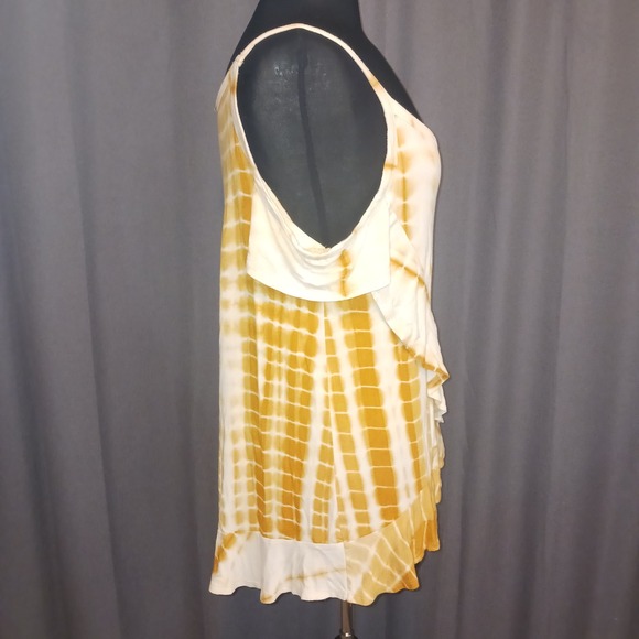 Shop Basic Y2k Boho Mustard Yellow Tie Dye Cold Shoulder Ruffle Top Large - Picture 5 of 6